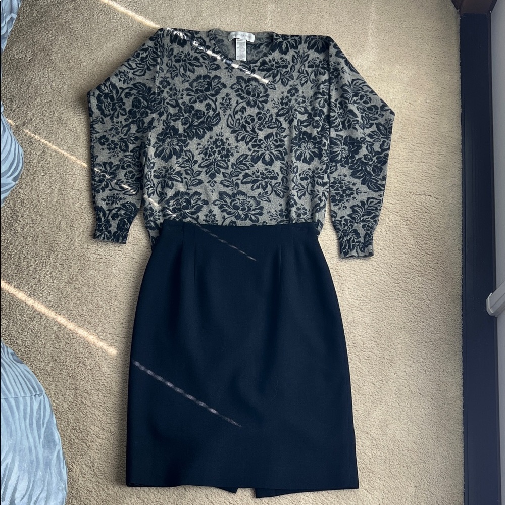 Floral Patterned Sweater and Black Skirt Set